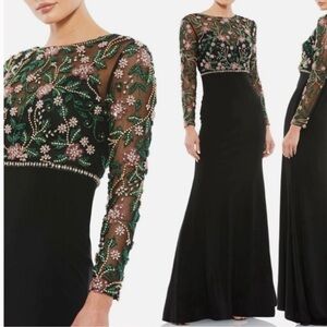 NWT Mac Duggal Floral Overlay Black Gown Dress 10